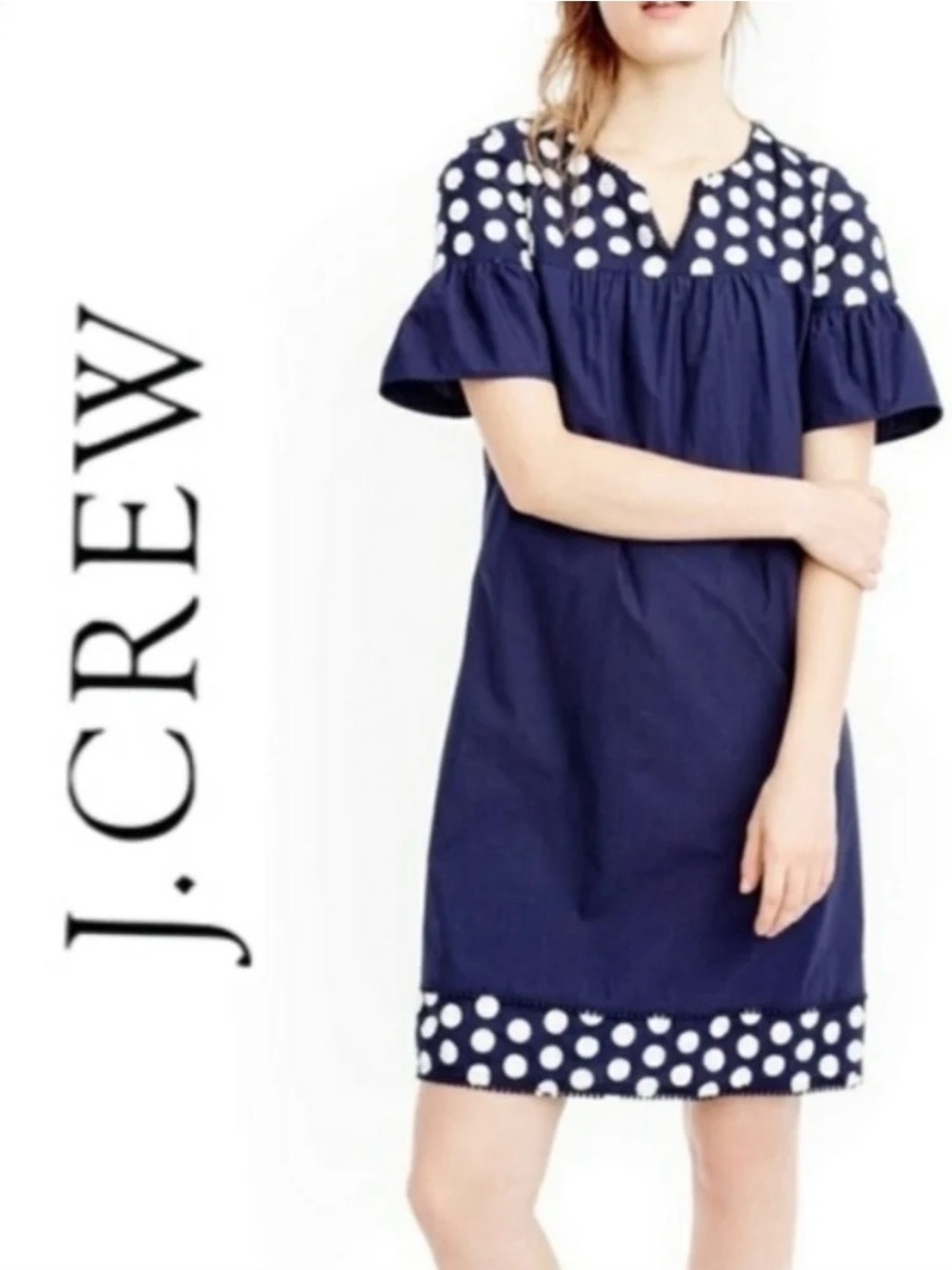 J. Crew Navy Dress with White Polka Dot Yoke and Hem